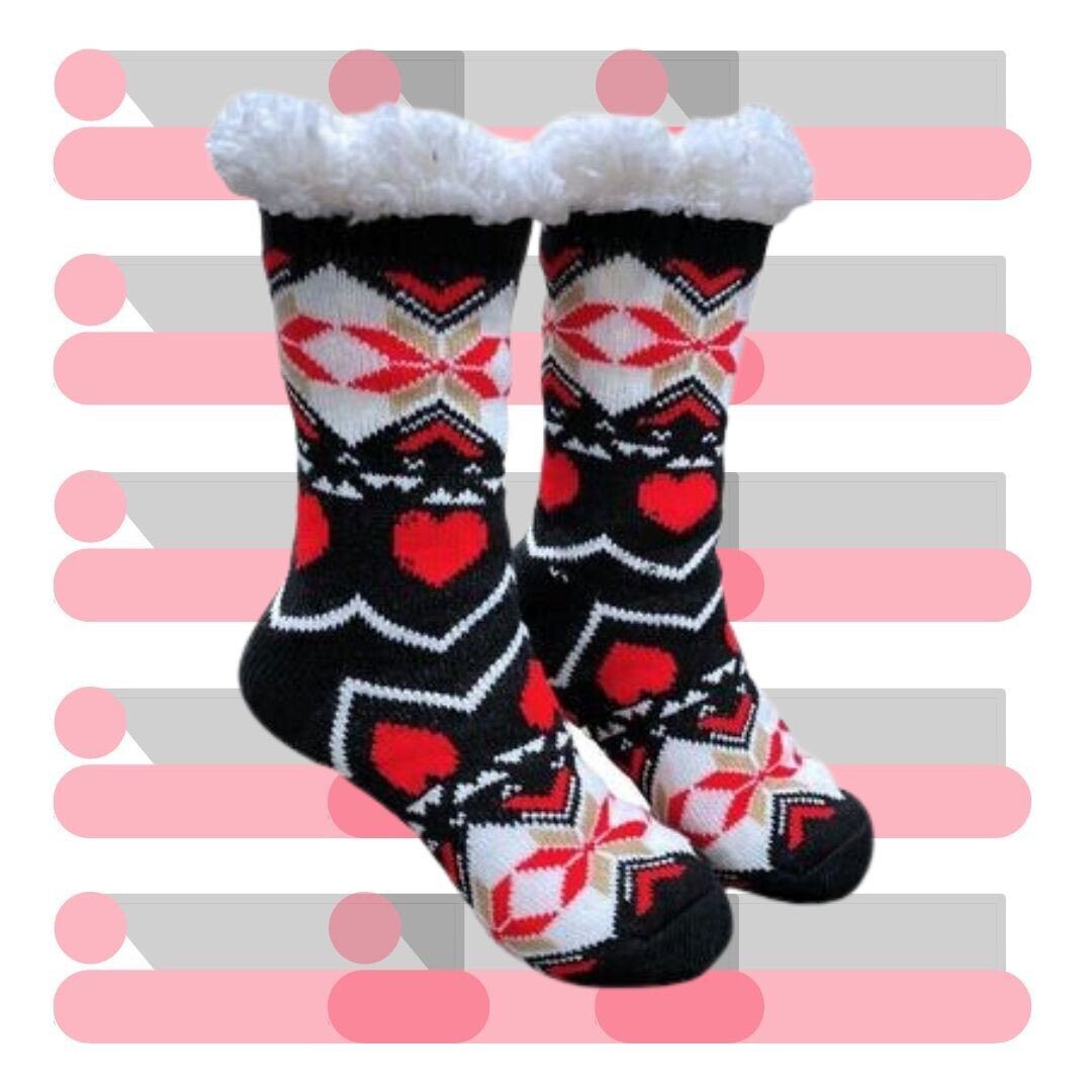 Women&#39;s Black Plush Sherpa Red Heart Socks