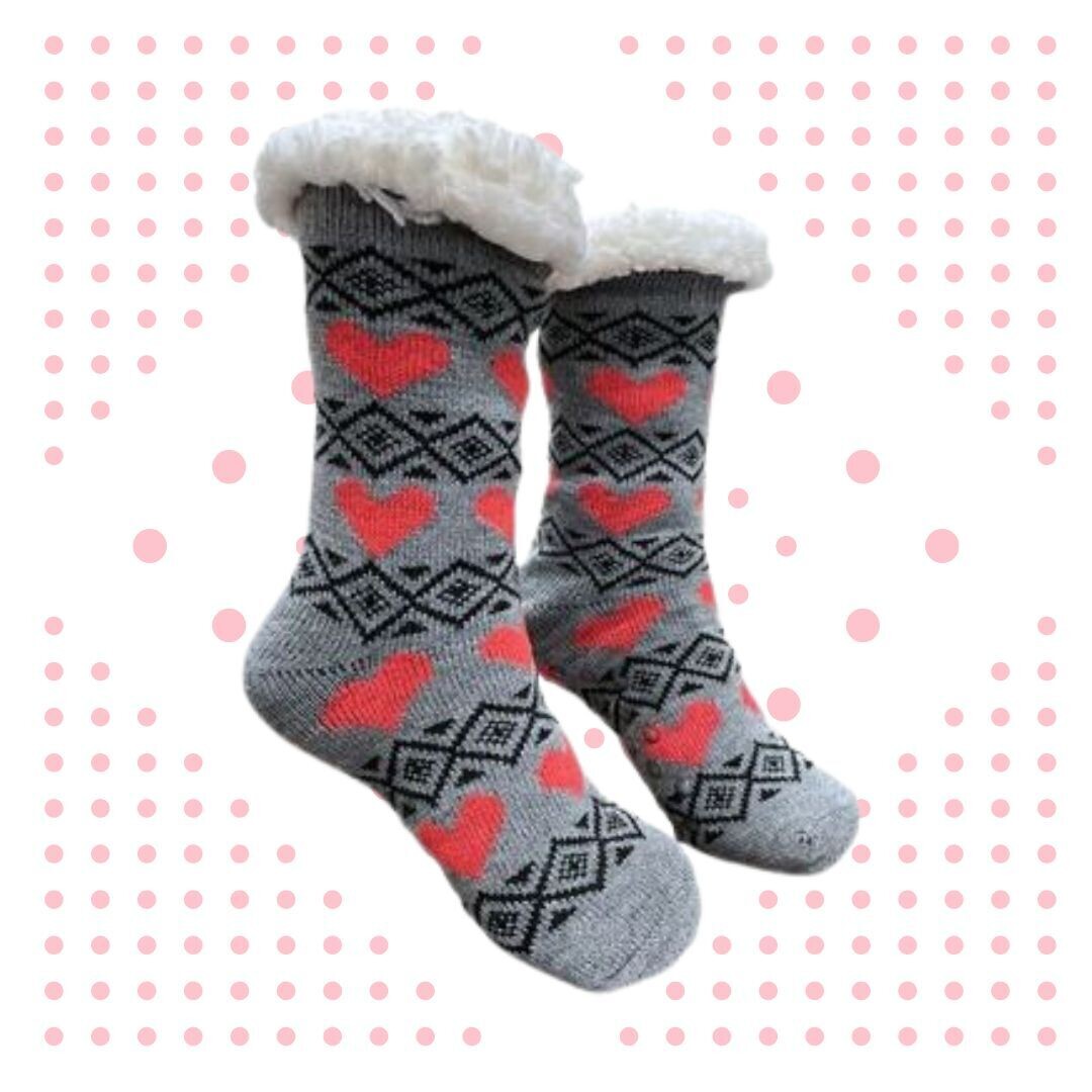 Women&#39;s Gray Plush Sherpa Red Heart Socks