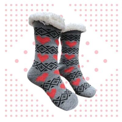 Women&#39;s Gray Plush Sherpa Red Heart Socks
