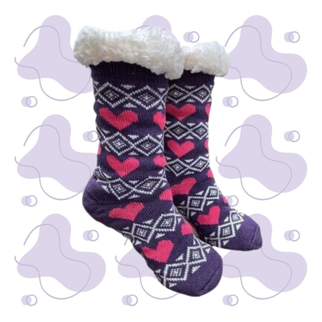 Women&#39;s Purple Plush Sherpa Pink Heart Socks