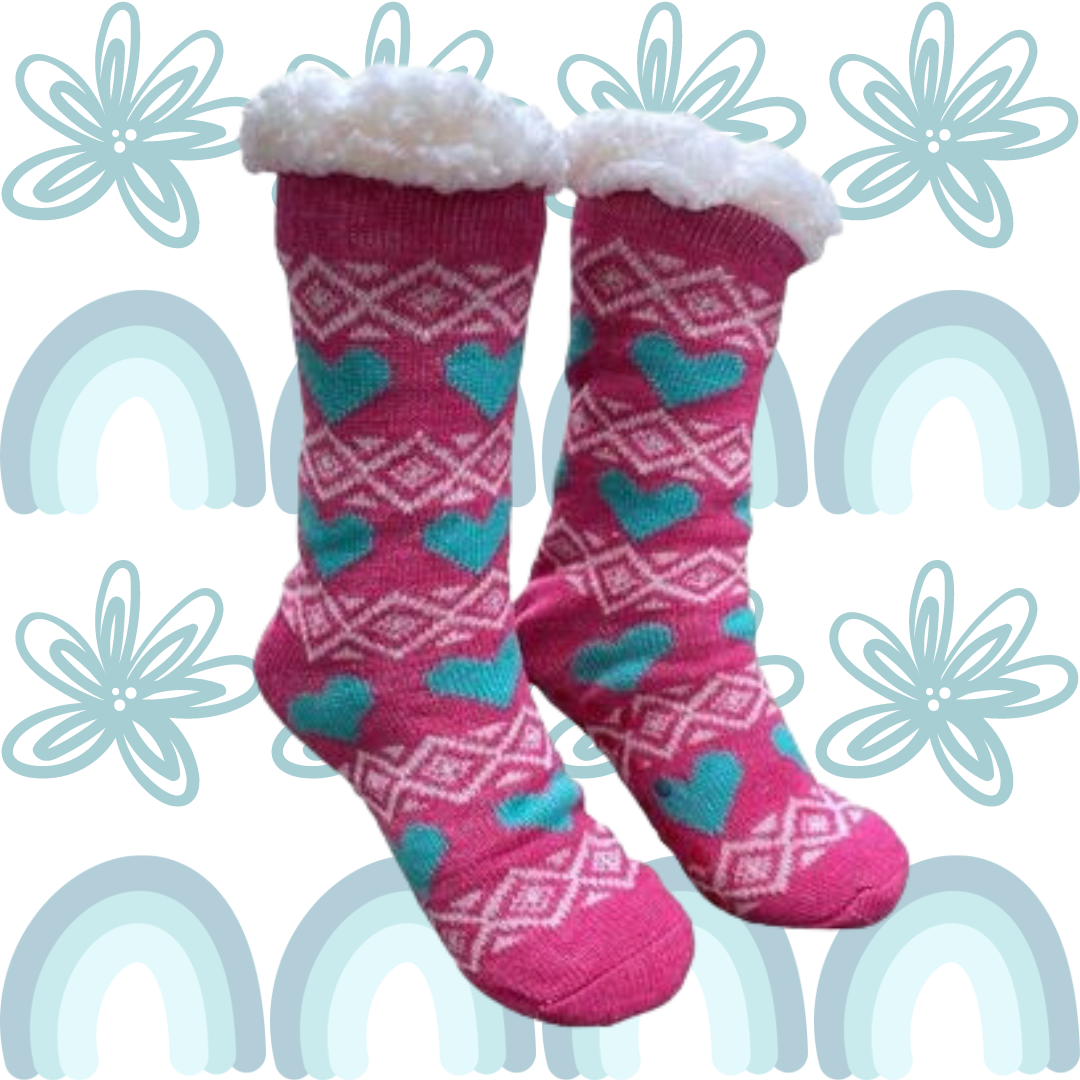 Women&#39;s Pink Plush Sherpa Teal Heart Socks