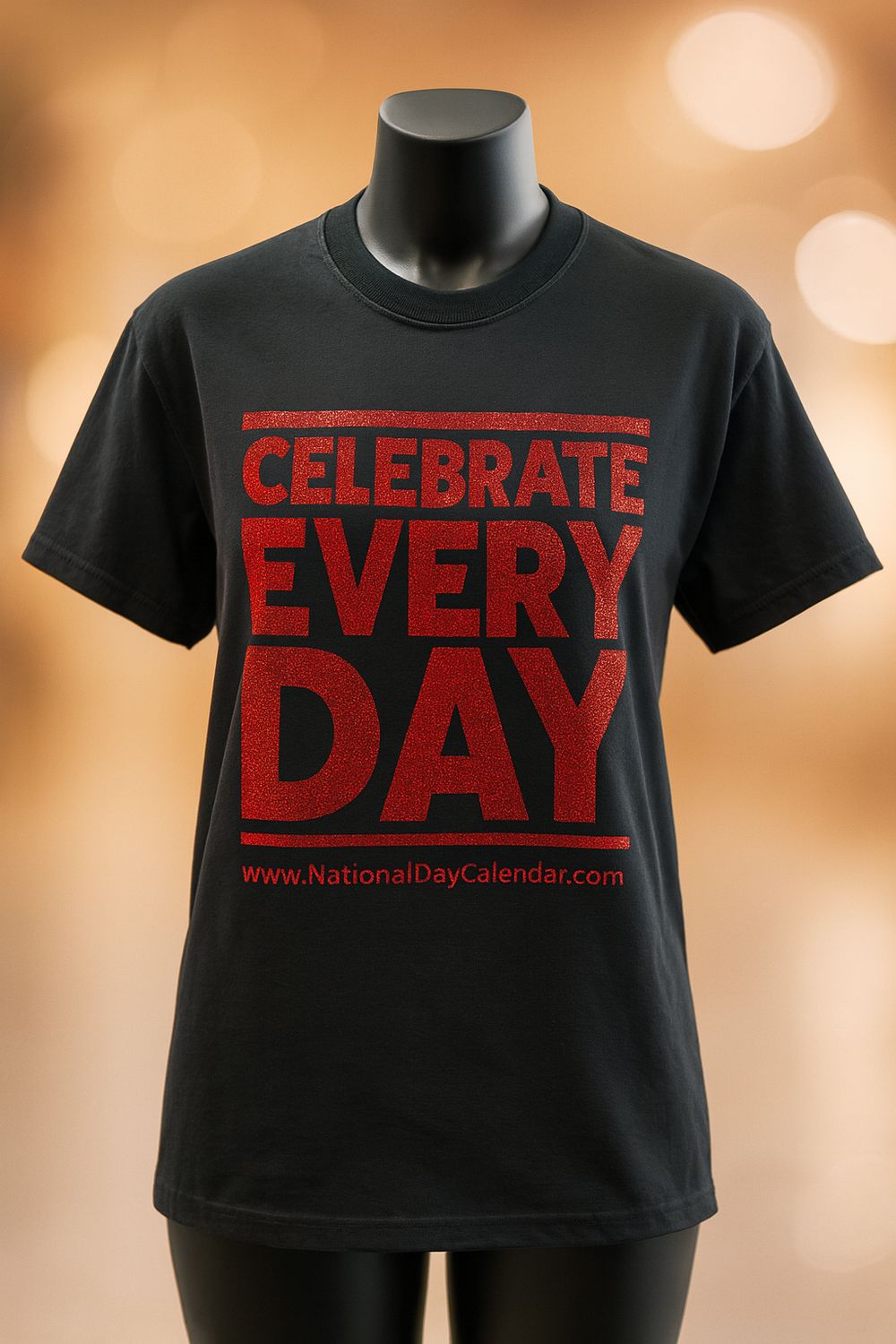 Black T-Shirt with Red Glitter Celebrate Every Day® Design