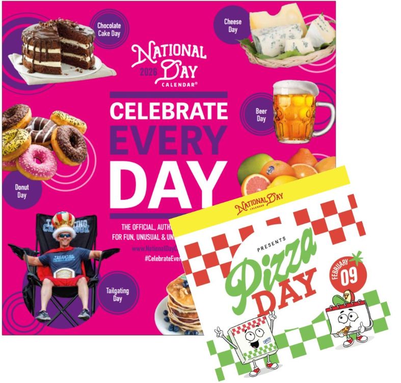National Pizza Day Children's Book AND 2026 National Day Wall Calendar Combo 2026 National Day Wall Calendar and Official National Day Pizza Day Book Combo