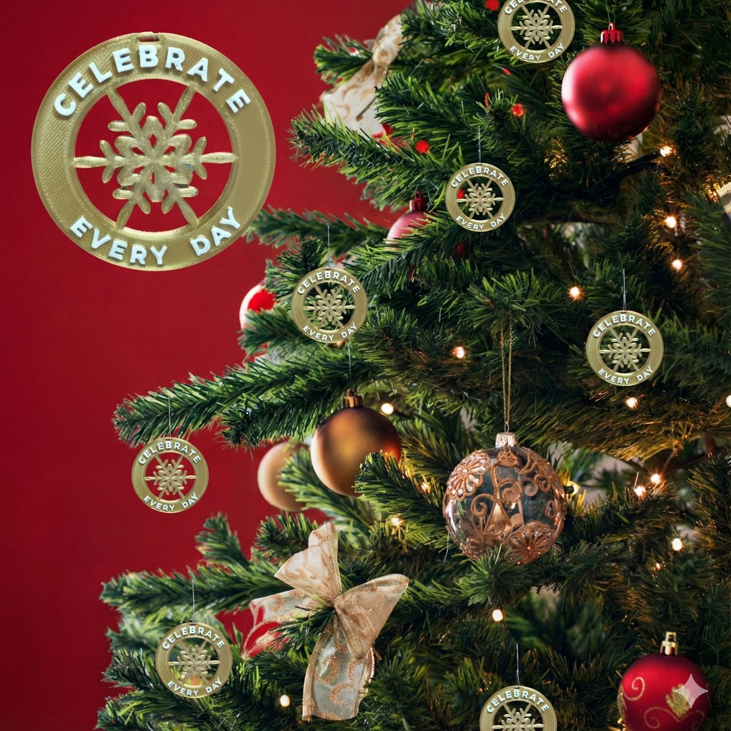 Metallic gold 3D printed holiday ornament with Celebrate Every Day text hanging on a Christmas tree.