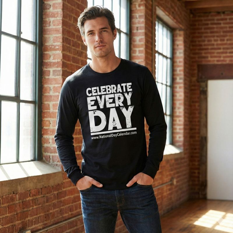 Male model wearing the black "CELEBRATE EVERY DAY" long-sleeve tee with white text branding in a sunlit brick loft setting.