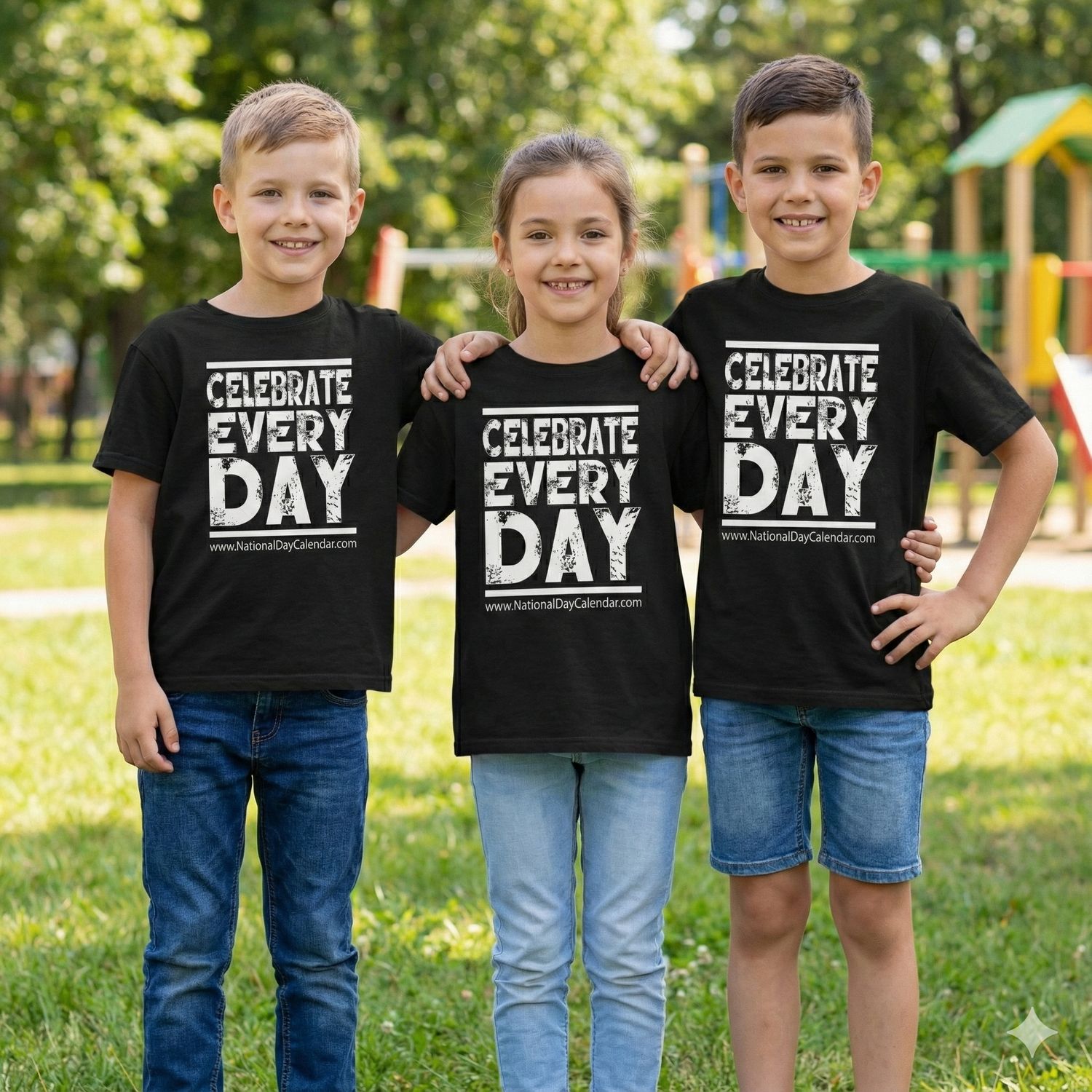 Three happy children standing together in a sunny park, all wearing matching black youth "CELEBRATE EVERY DAY" t-shirts.