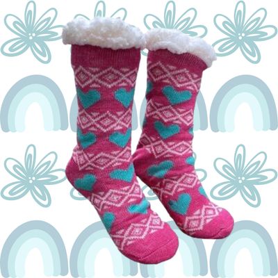 Women's Pink Plush Sherpa Teal Heart Socks
