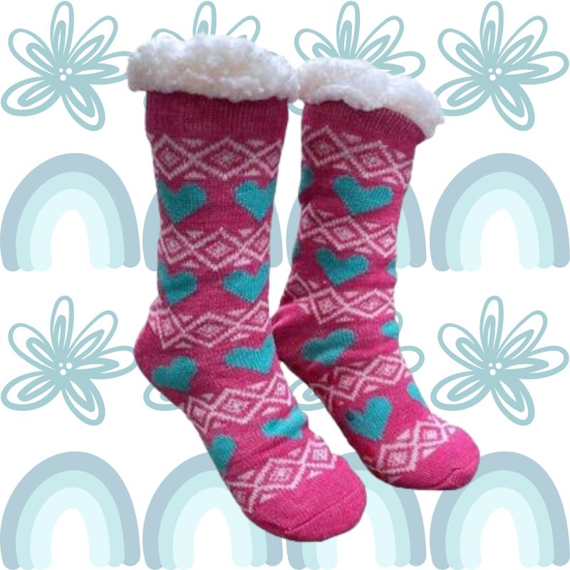 Women's Pink Plush Sherpa Teal Heart Socks