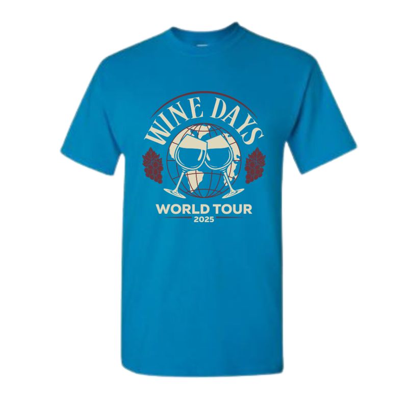 Ladies Bright Blue Wine Day World Tour Graphic Tee