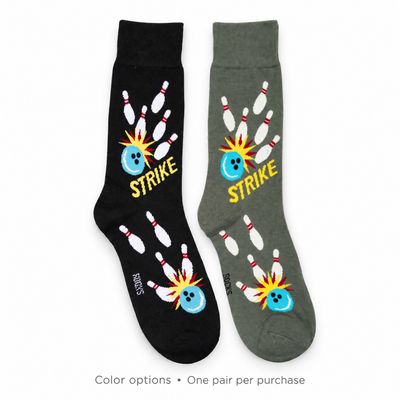 Men’s bowling crew socks with bowling balls, pins and STRIKE lettering in black or gray. One selected pair per purchase.