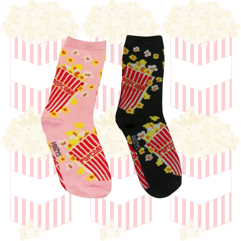 Women's Popcorn Crew Socks - Fun Snack-Themed Casual Socks (Black &amp; Pink)