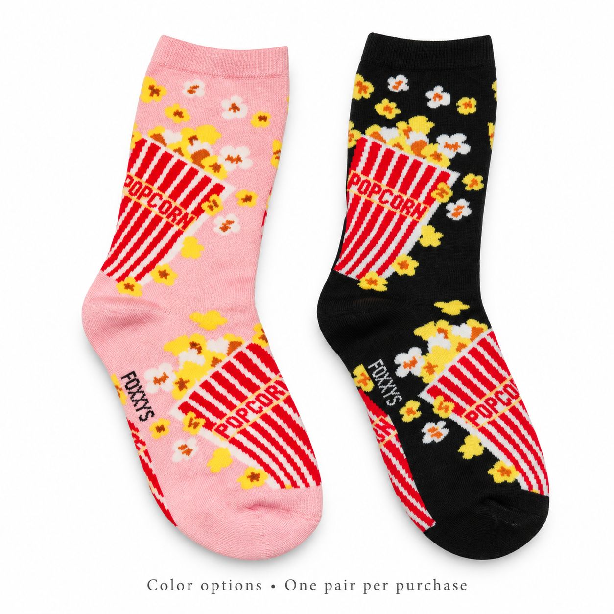 Women's Popcorn Crew Socks - Fun Snack-Themed Casual Socks (Black &amp; Pink)