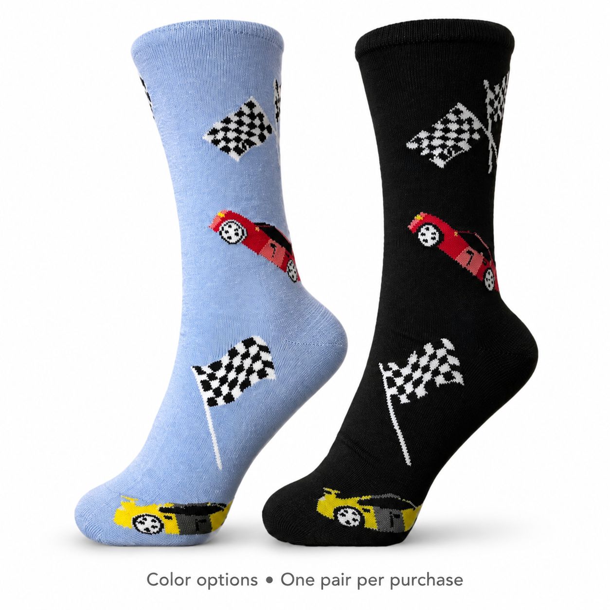 Men’s racing crew socks in light blue and black with sports cars and checkered flags; one pair in the selected color.