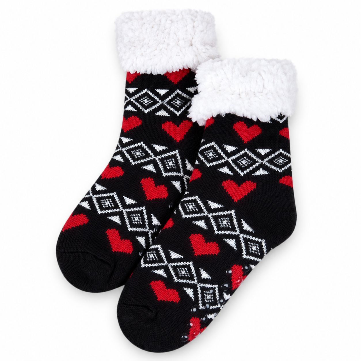 Women's Black Plush Sherpa Red Hearts Socks