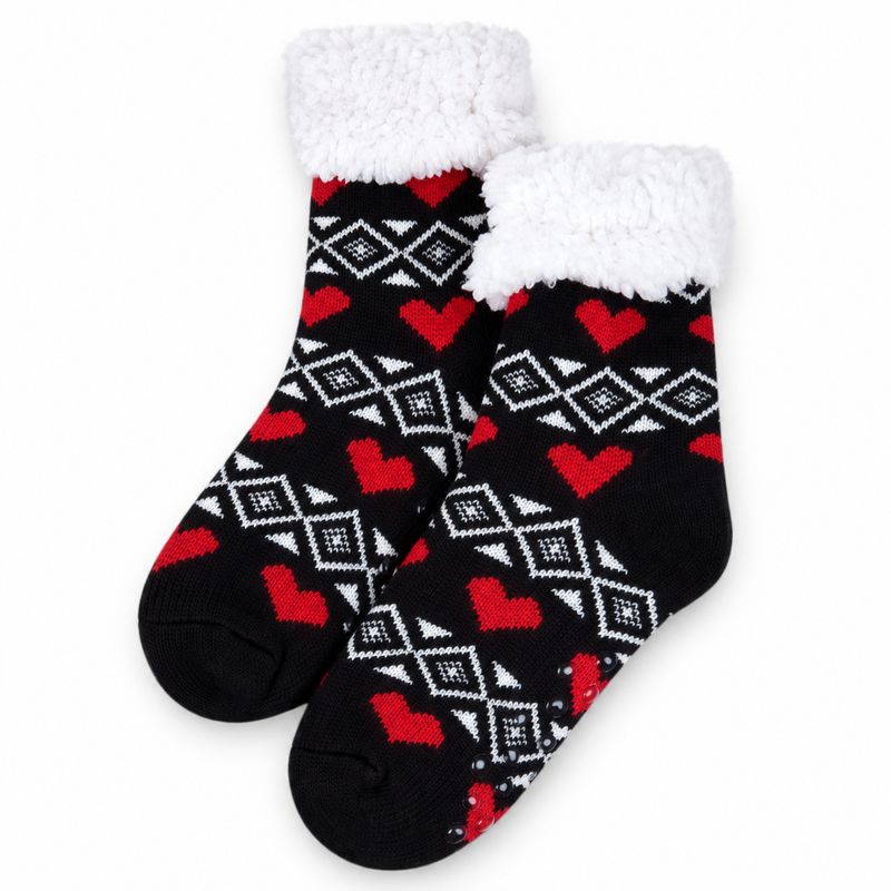 Women's Black Plush Sherpa Red Hearts Socks