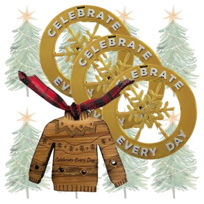 Holiday Ornament Set (4-Pack): Ugly Christmas Sweater Oak Ornament + 3 Gold Celebrate Every Day® Ornaments Holiday Ornament Set (4-Pack): Ugly Christmas Sweater Oak Ornament + 3 Gold Celebrate Every Day® Ornaments