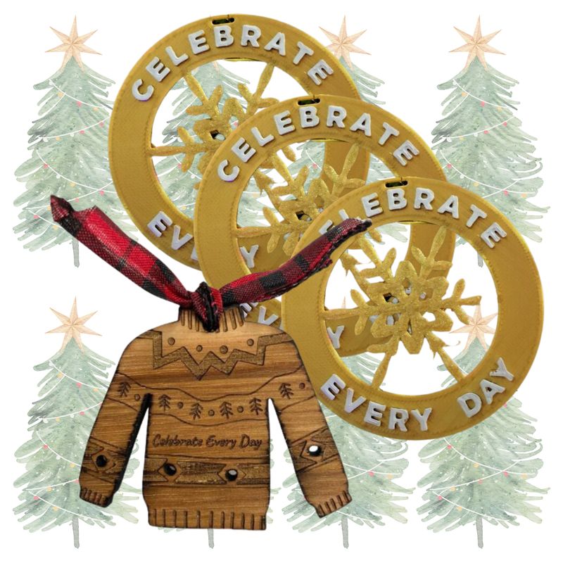 Holiday Ornament Set (4-Pack): Ugly Christmas Sweater Oak Ornament + 3 Gold Celebrate Every Day® Ornaments Holiday Ornament Set (4-Pack): Ugly Christmas Sweater Oak Ornament + 3 Gold Celebrate Every Day® Ornaments