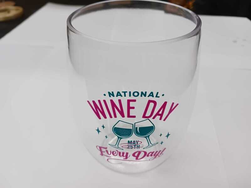 Official National Wine Day Stemless Wine Glasses (Set of 2) - 16oz Shatterproof Official National Wine Day Wine Glasses - Pink and Teal