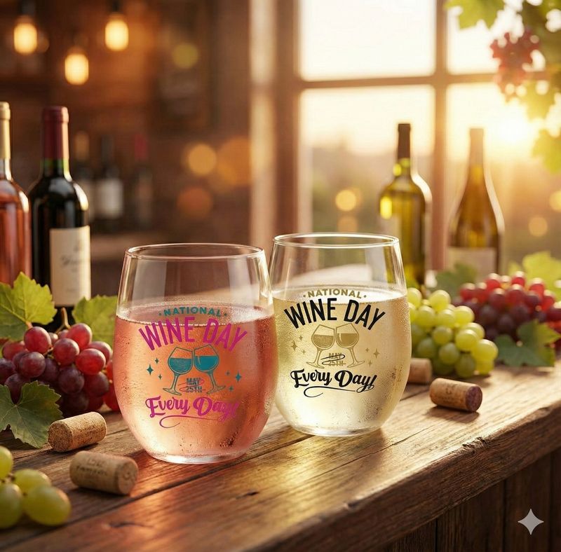Official National Wine Day Stemless Wine Glasses (Set of 2) - 16oz Shatterproof Set of two stemless wine glasses, one with pink text and one with gold text reading National Wine Day Every Day.