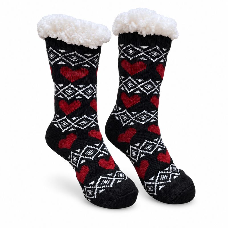 Women's Black Plush Sherpa Heart Socks
