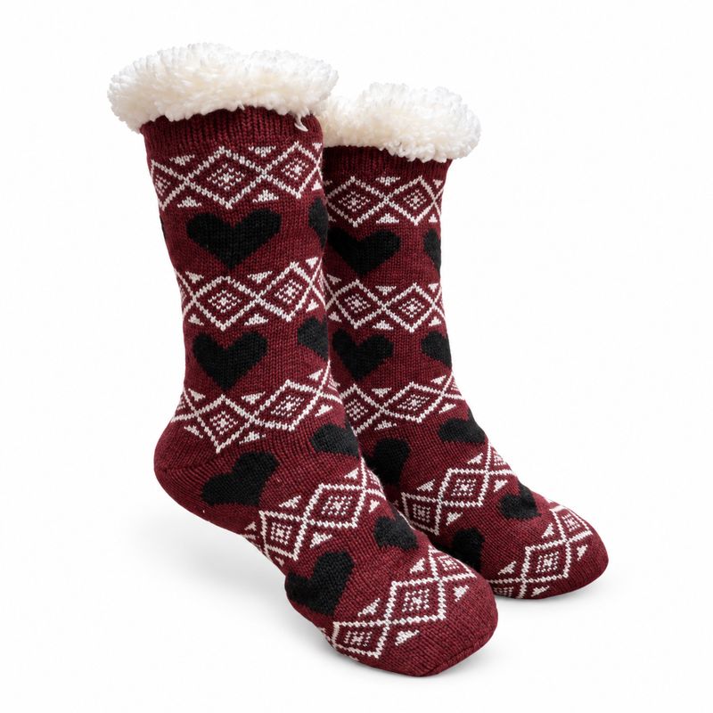 Women's Burgundy Plush Sherpa Black Heart Socks