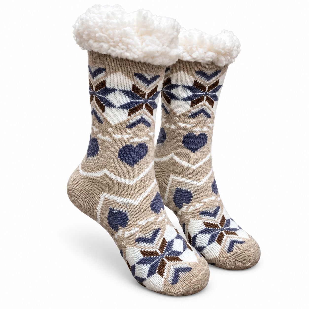 Women's Tan Plush Sherpa Blue Heart Socks