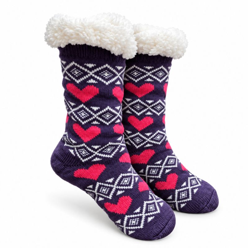 Women's Purple Plush Sherpa Pink Heart Socks