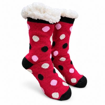 Women's Burgundy Plush Sherpa Polka Dot Socks