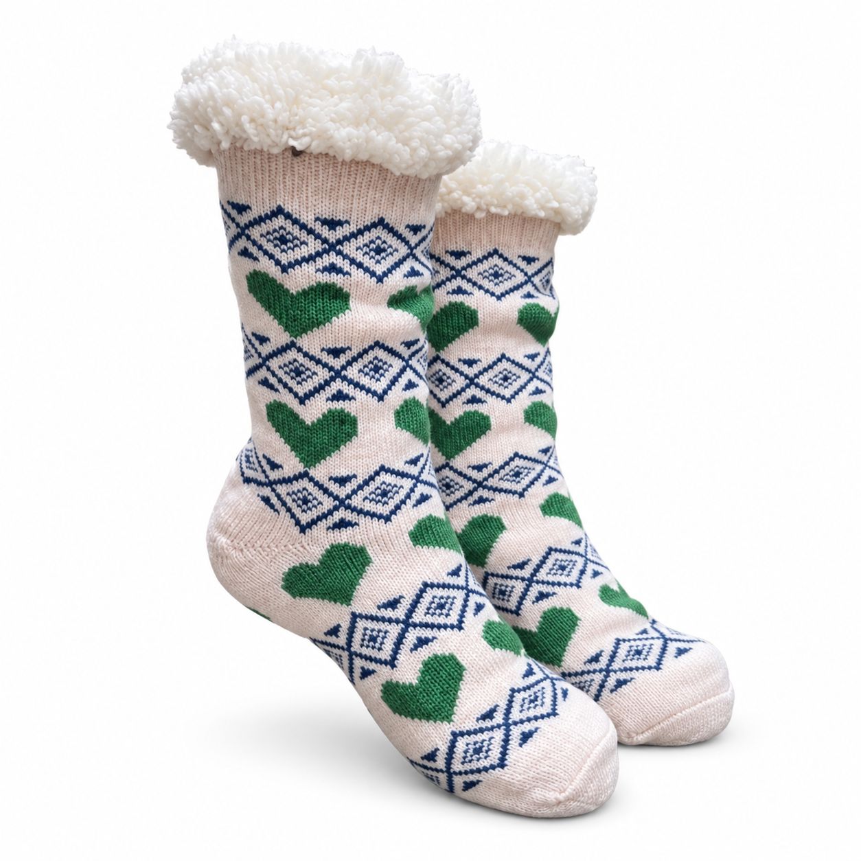 Women's Pink Plush Sherpa Green Heart Socks