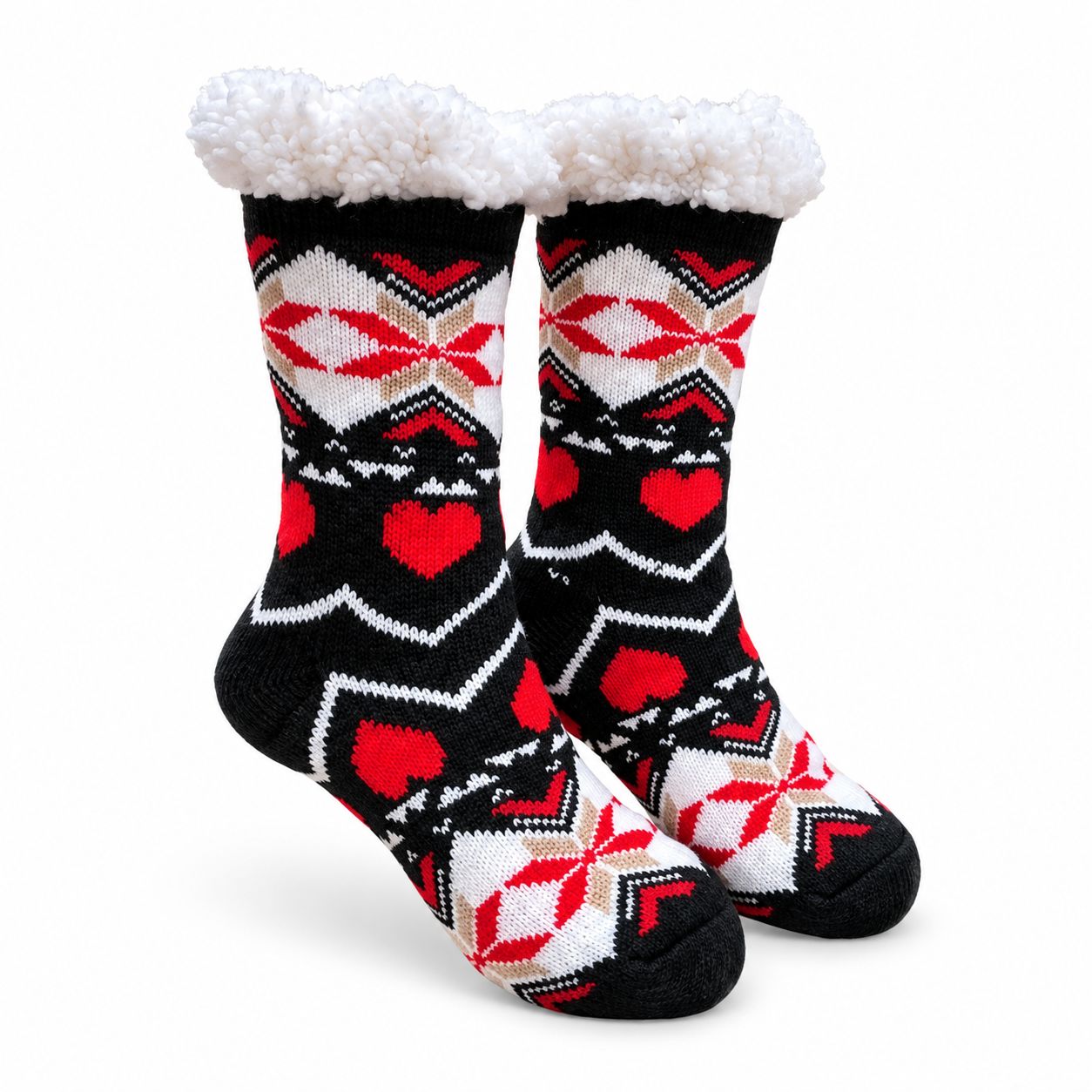 Women's Black Plush Sherpa Red Heart Socks