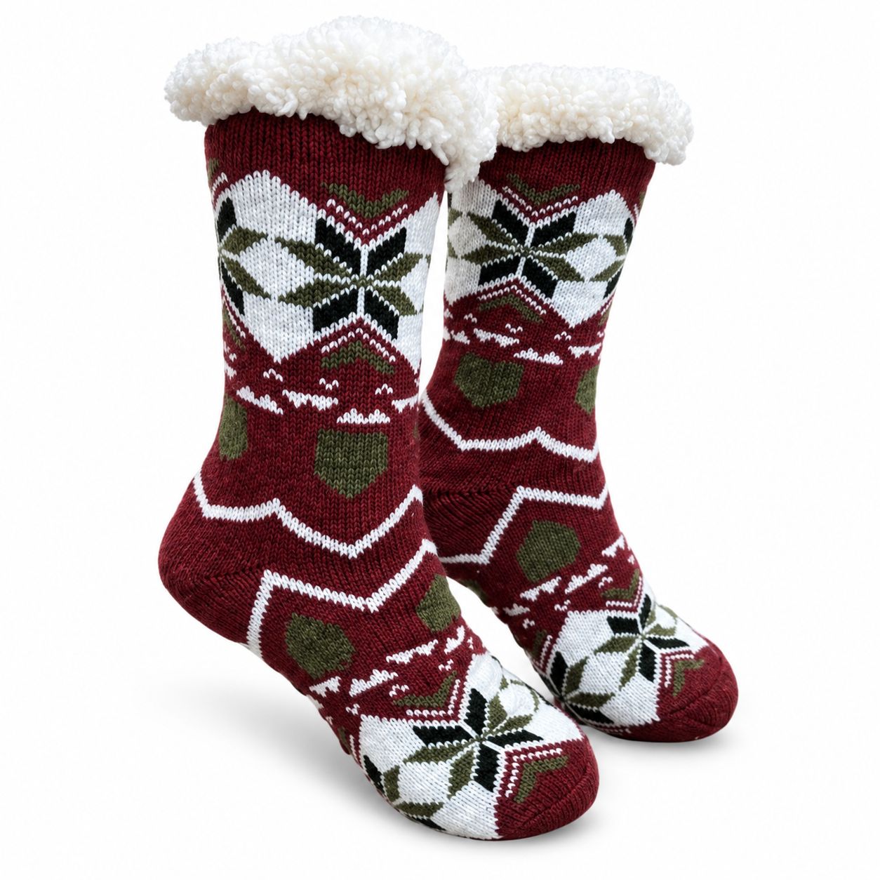Women's Burgundy Plush Sherpa Gray Heart Socks