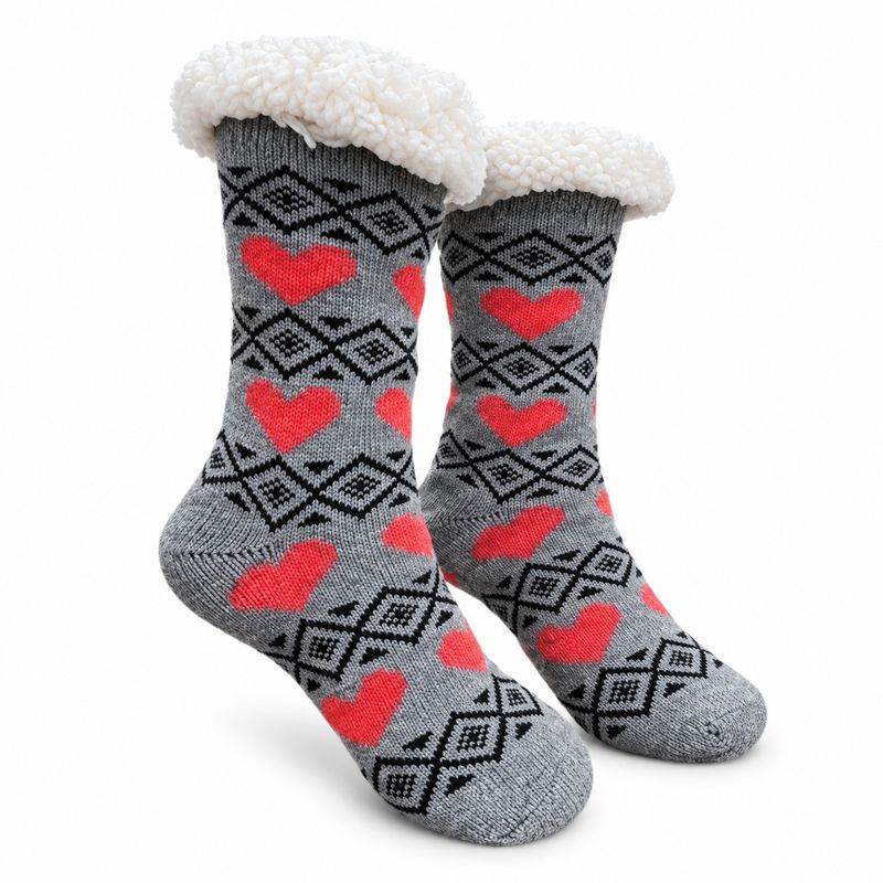 Women's Gray Plush Sherpa Red Heart Socks