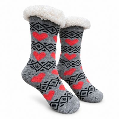 Women's Gray Plush Sherpa Red Heart Socks