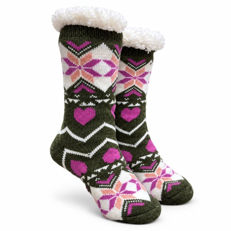 Women's Green Plush Sherpa Pink Heart Socks