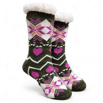 Women's Green Plush Sherpa Pink Heart Socks