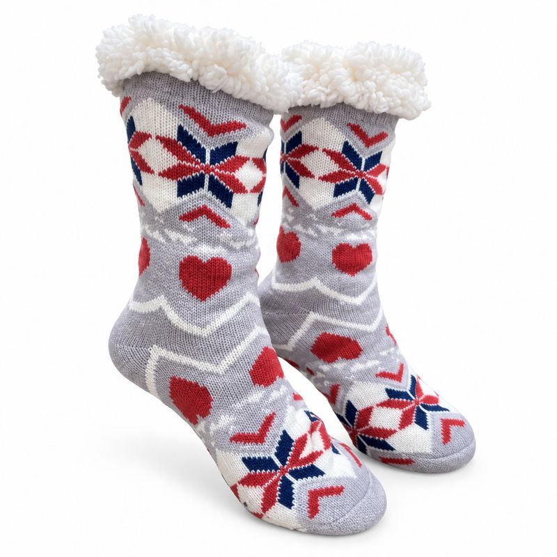 Women's Gray Plush Sherpa Burgundy Heart Socks