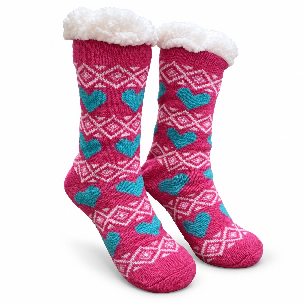 Women's Pink Plush Sherpa Teal Heart Socks