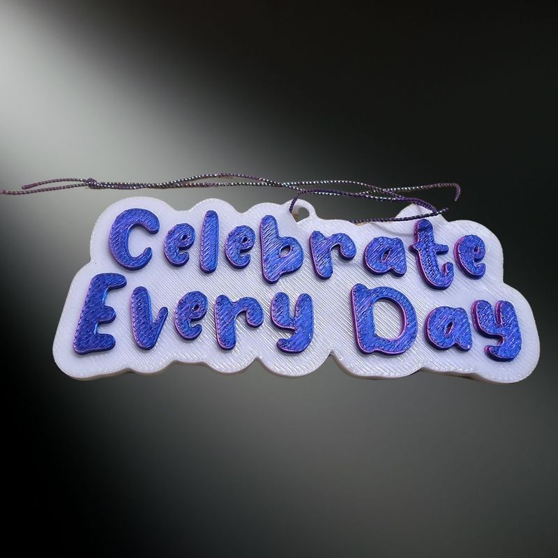 Celebrate Every Day® Rearview Mirror Hanger - Versatile Car Ornament & Daily Reminder Close-up of the Celebrate Every Day rearview mirror hanger or ornament, featuring purple
3D lettering on a white background.
