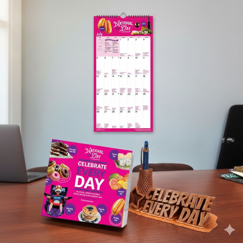 2026 Wall & Desk Calendar Combo – National Day Calendar® Set 2026 National Day Wall Calendar & Desk Calendar Combo. Wall calendar hanging over desk with desktop calendar and Celebrate Ev