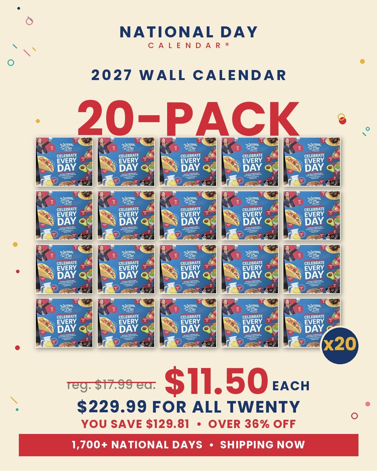 2027 Wall Calendar 20-Pack – National Day Calendar® Bulk Set