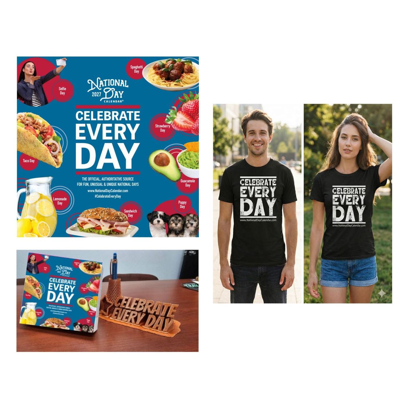 2027 Wall Calendar + Desk Calendar + Celebrate Every Day T-Shirt - The Complete Set