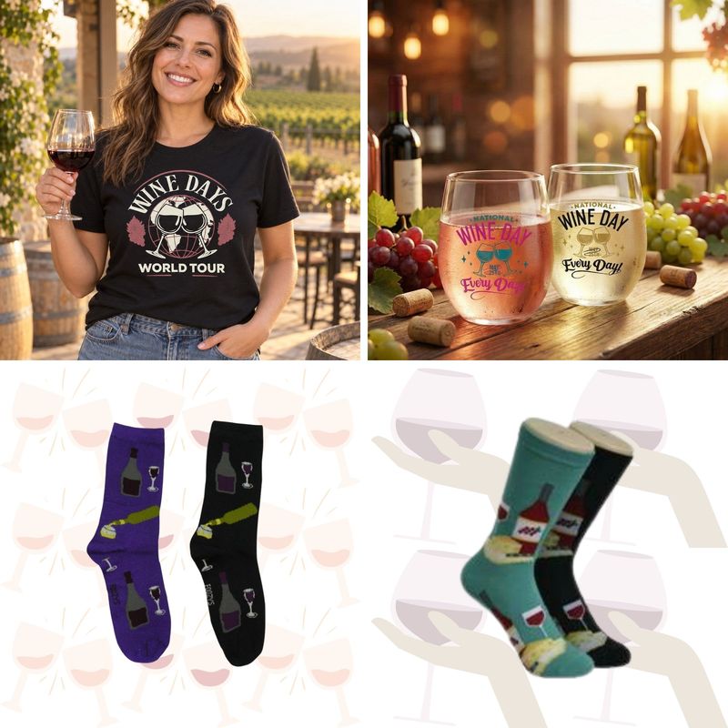 Wine Lover's Bundle - Wine Days Tee, Stemless Wine Glasses & 2 Pairs of Wine Socks Wine Lover's Bundle - Wine Days Tee, Stemless Wine Glasses & 2 Pairs of Wine Socks