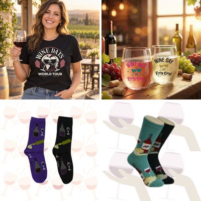 Wine Lover's Bundle - Wine Days Tee, Stemless Wine Glasses &amp; 2 Pairs of Wine Socks