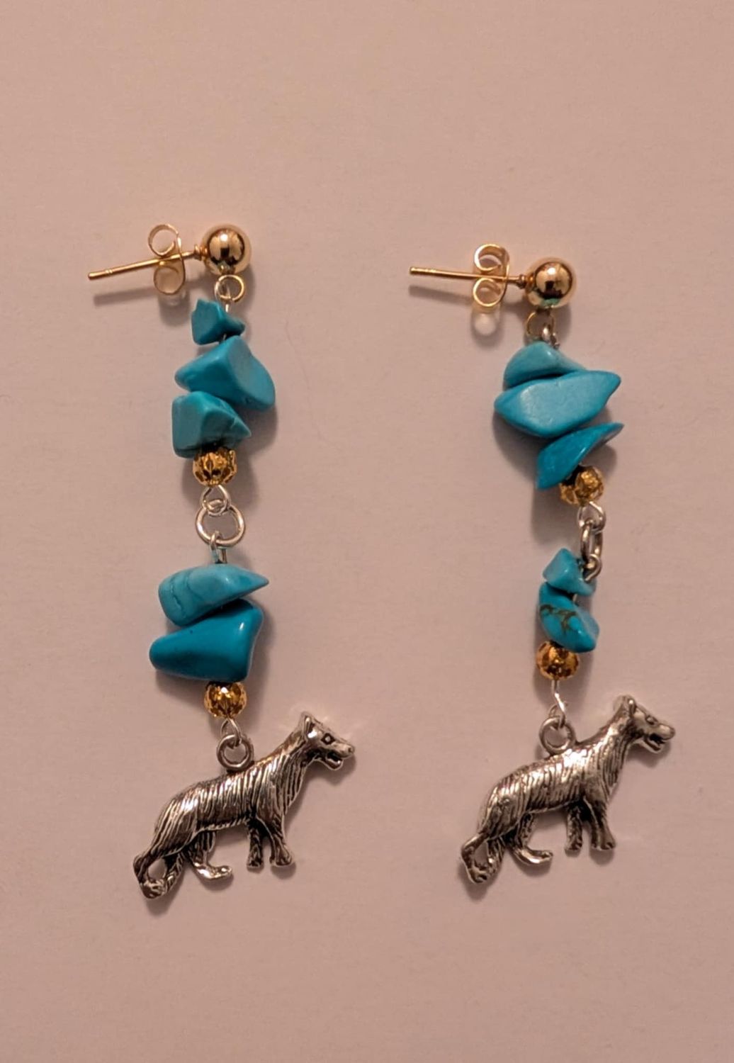 Handmade Earrings featuring Turquoise Chips and Wolf Charms