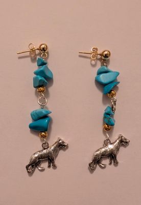 Handmade Earrings featuring Turquoise Chips and Wolf Charms