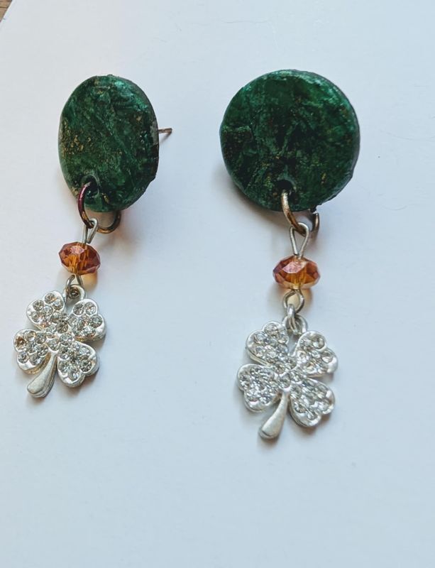 Handcrafted Polymer Clay and Four Leaf Clover Charm Earrings