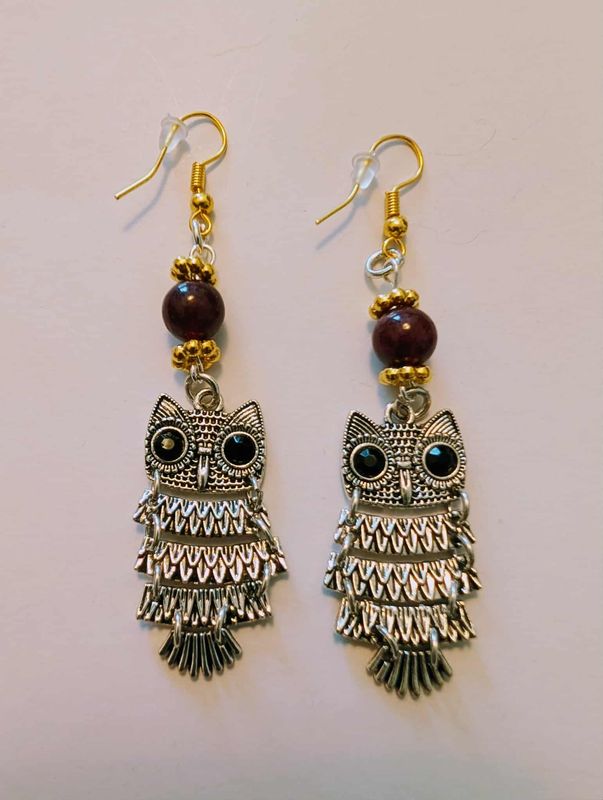 Handcrafted Red Garnet Owl Charm Earrings