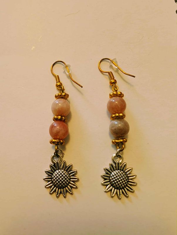 Handcrafted Pink Sunstone Earrings with Sunflower Charms