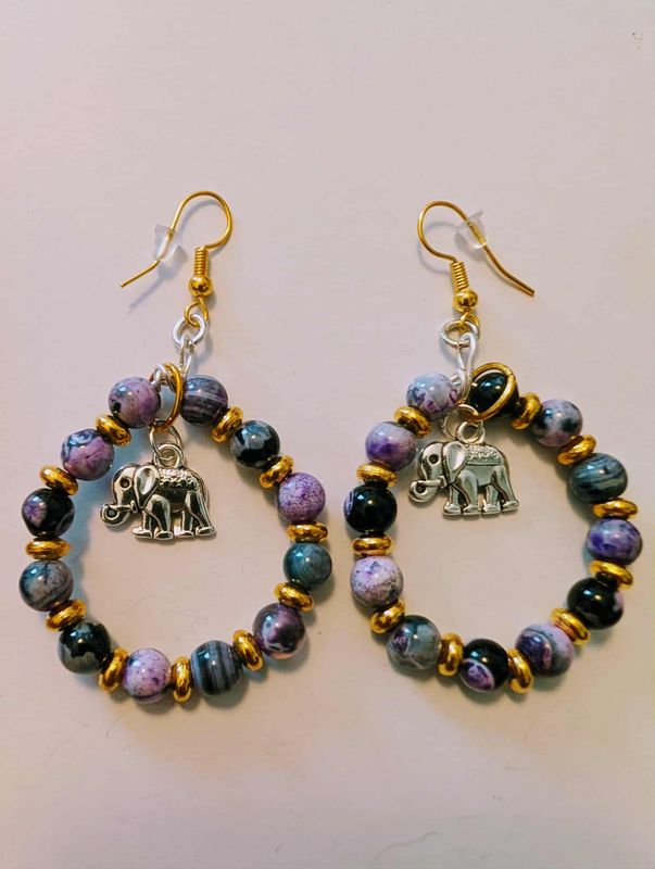 Handcrafted Purple Flame Agate Earrings with Elephant Charms