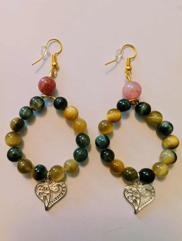 Handcrafted Dream Tiger's Eye Earrings with Heart Charms